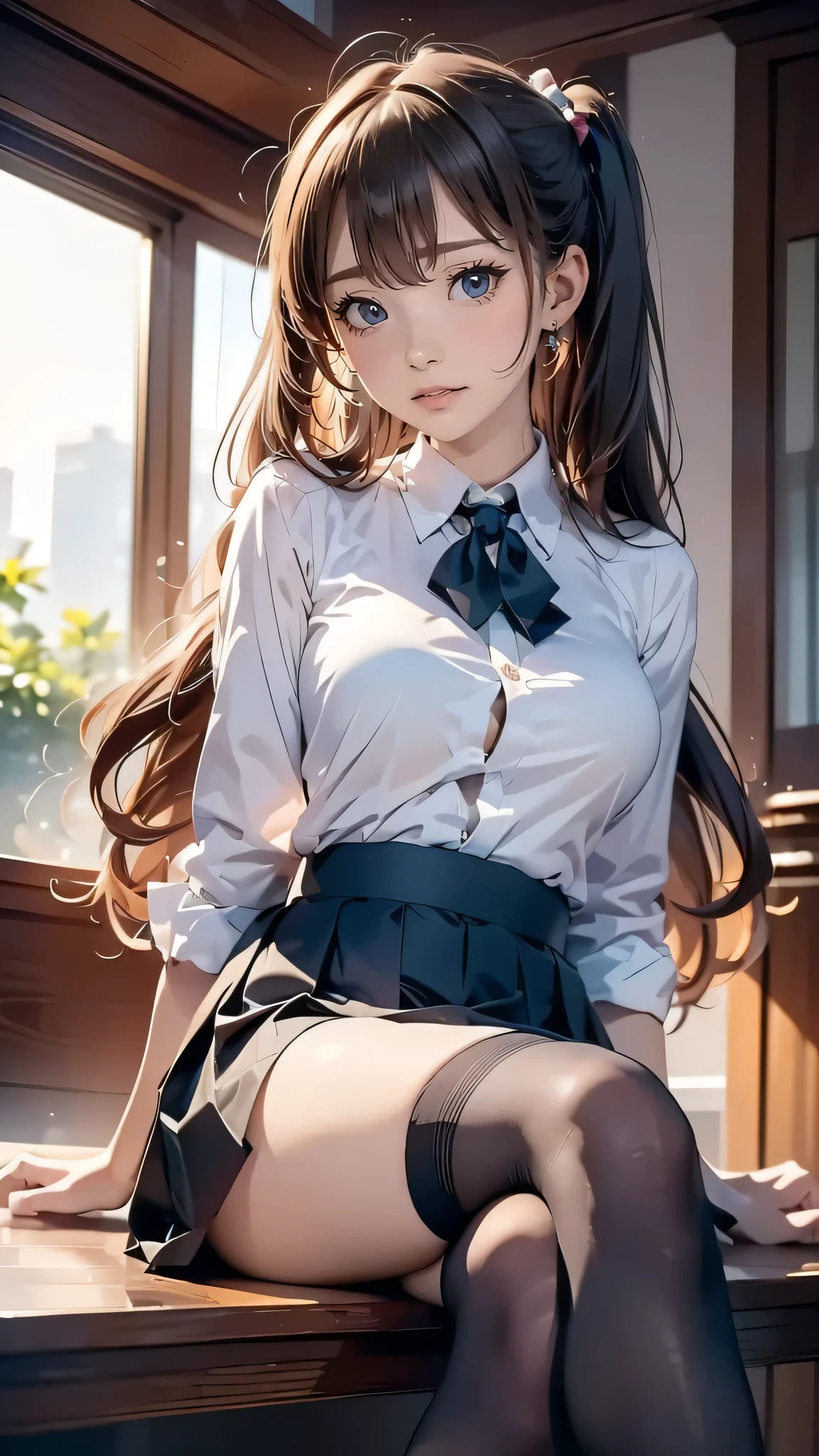 (best quality:1.2,masterpiece:1.2),solely,1girl,Miku Nakano,serious,closed mouth,looking at the viewer,hand on face,sitting,crossed legs,button-up shirt,tied-up skirt,stockings,thick thighs,big breasts