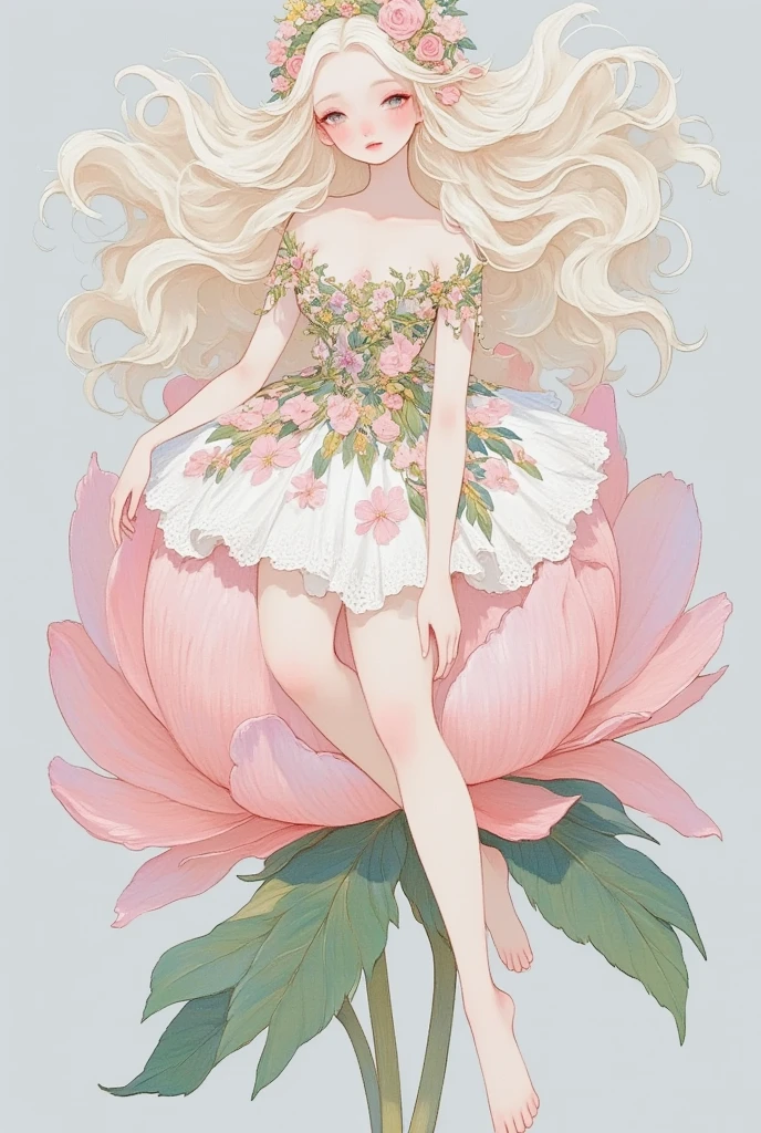  A fairy with wings sits on a blooming peony,  beautiful eyes， blond hair ，Cross your legs，Wear a dress with frills， Rich Details 