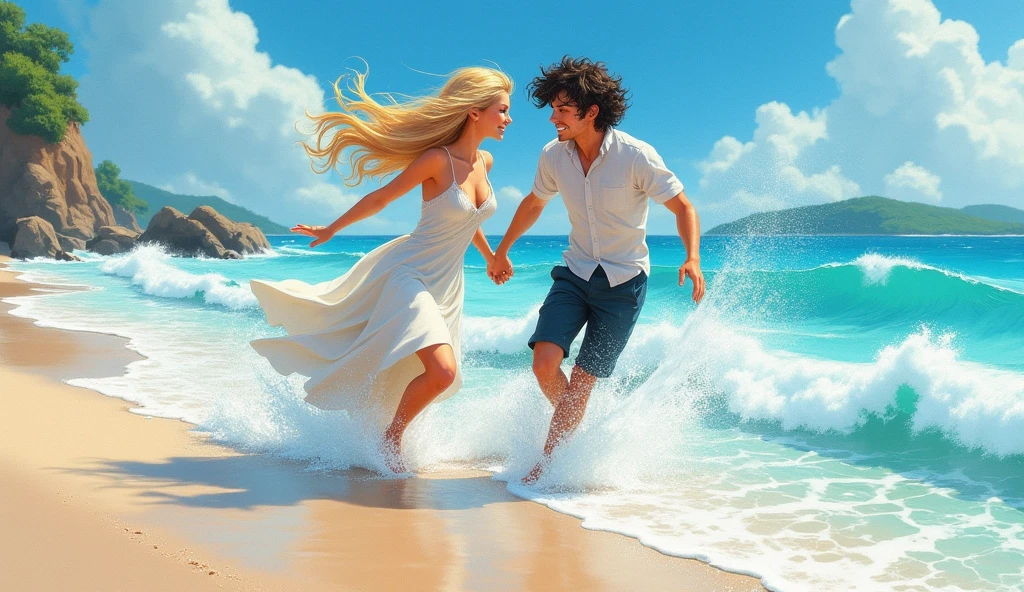Two men and a woman frolicking on the beach。Among them, the man was a blonde long-haired Italian.、Wears a white shirt。The woman is of Asian descent、Wearing a dress。