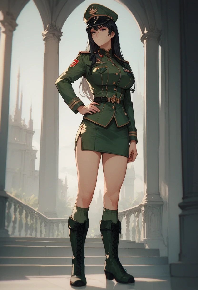 woman, standing, black hair, long hair, Big Breasts, expressionless, empire, green military uniform, military cap, mini slit skirt, Knee-high boots, thigh-high socks, hand on own hip, full body, from front, nsfw