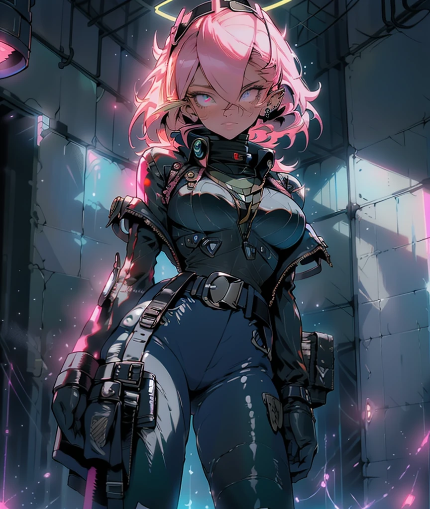 best quality, super fine, 16k, incredibly absurdres, extremely detailed, cute female warrior, excited look, white messy short braided hair, superlative body proportion, wearing pink line with steampunk and dieselpunk neon color light gear wear, cyberpunk night city whose basic colors are green and blue