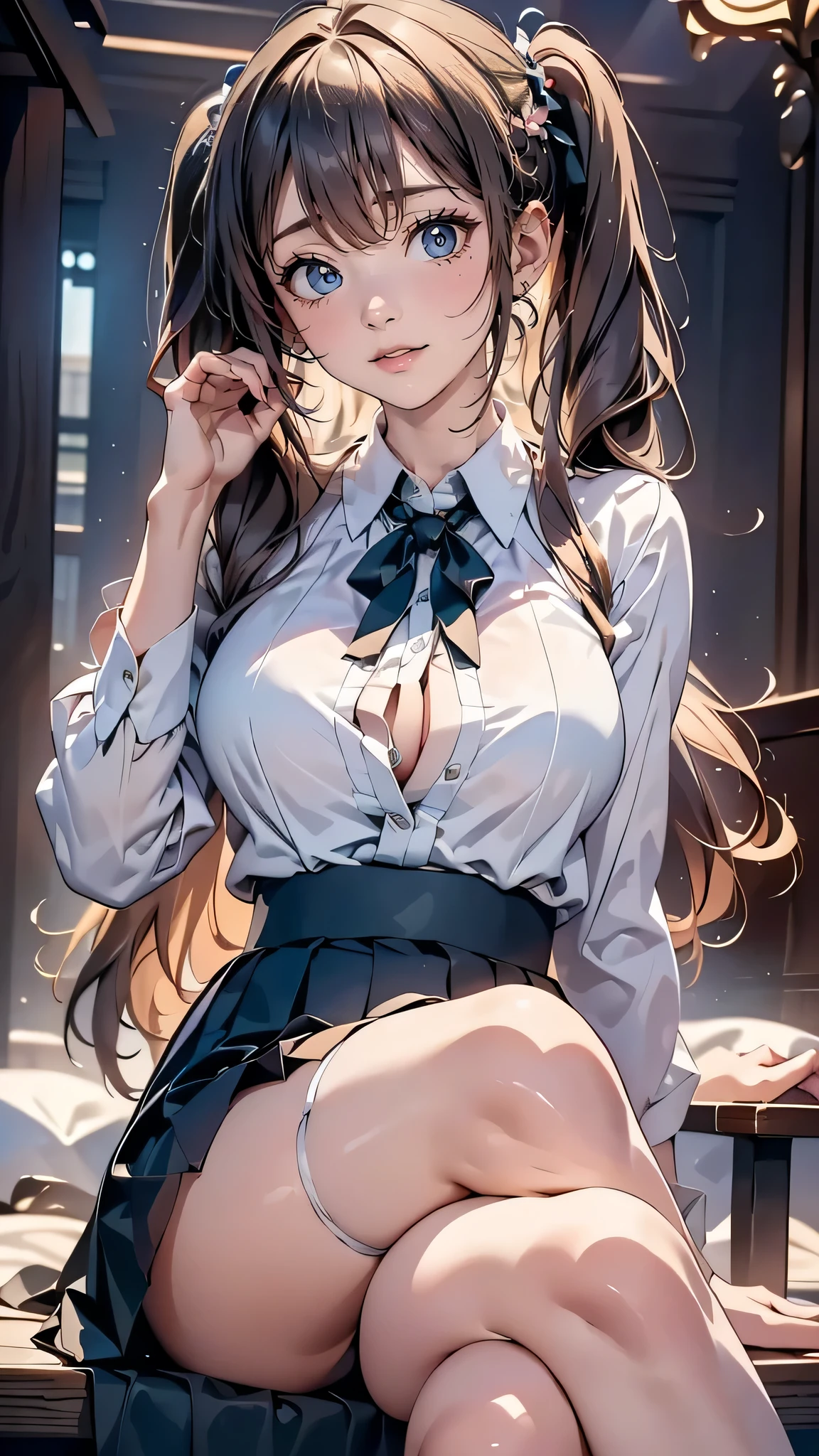 (best quality:1.2,masterpiece:1.2),solely,1girl,Miku Nakano,serious,closed mouth,looking at the viewer,hand on face,sitting,crossed legs,button-up shirt,tied-up skirt,stockings,thick thighs,big breasts