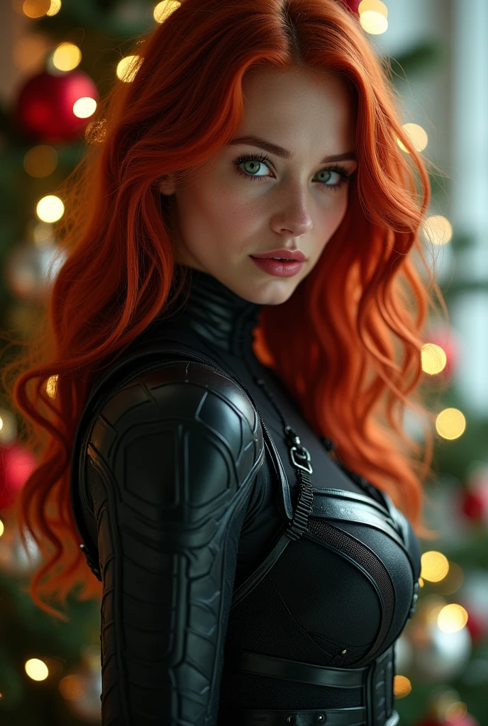 ultra realistic, photography, long red hair, girl, 24 years old, hourglass figure, perfect body, Flirty look, extremely detailed artgerm, in the style artgerm, facing the camera, lens 35 mm, blur background, black widow cosplay