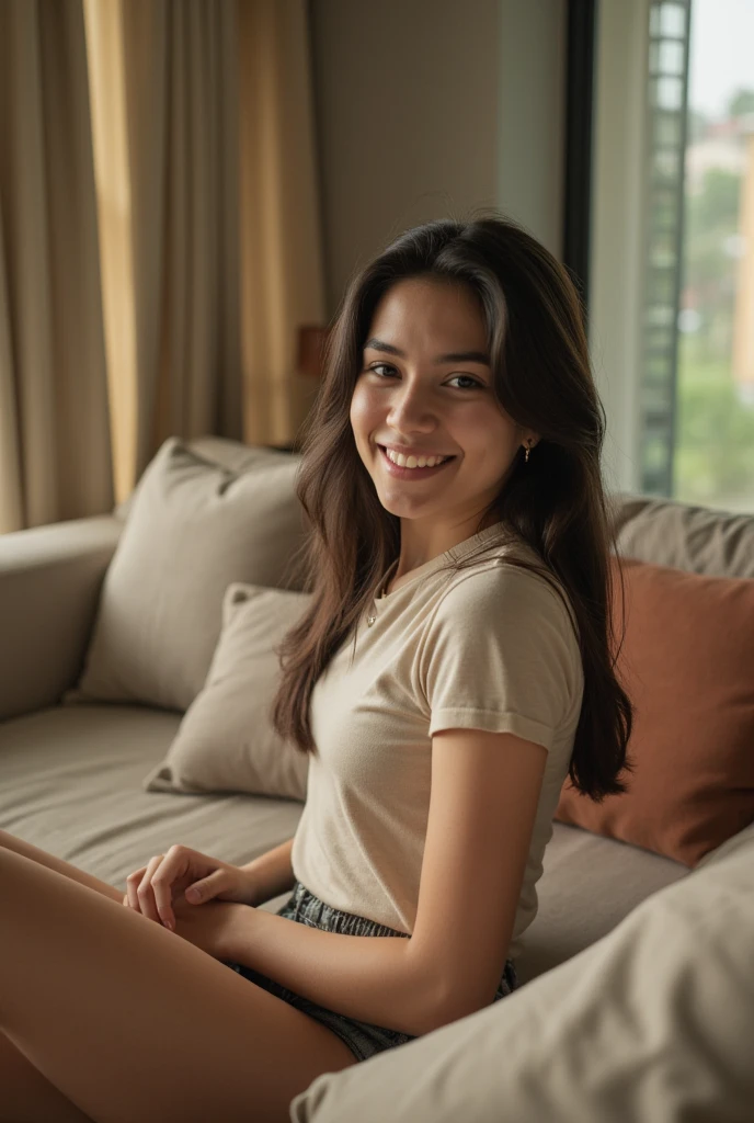 portrait of a cute influencer ,standing in a living room, facing viewer , full body , black hair, standing correctly , long eyelashes, upper body, solid circle eyes, small nose , light smile, facing viewer, drop shadow, 8k, super detail, best quality, 1080P, 1080P, 1080P, 4K, 8k, 16k, HD, 1080P
