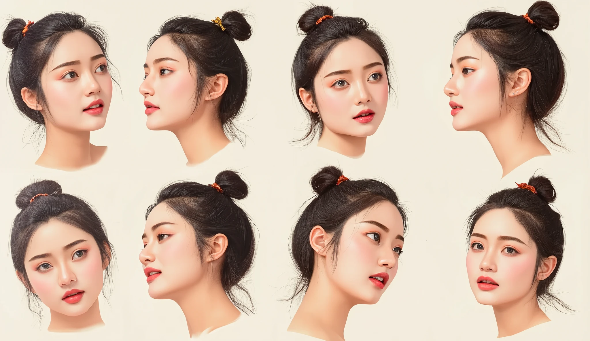 Character sheet of a beautiful Asian woman, showcasing her face from various angles and expressions. The sheet should include close-ups of her smiling, frowning, laughing, and looking thoughtful. Each angle should highlight her intricate facial features, including her eyes, lips, and skin texture. The background should be neutral to keep the focus on her face. High quality, 8k resolution, studio lighting, hyper detailed, cinematic. Include front, left side, right side, three-quarter left, three-quarter right, top, and bottom views