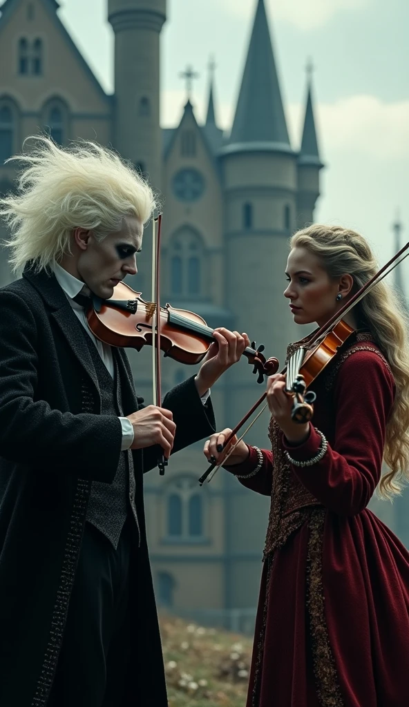 A almost skeletal zombie playing a violin and next to him a dark undead singing, both are on a dilapidated gothic style stage, the atmosphere is eerie
