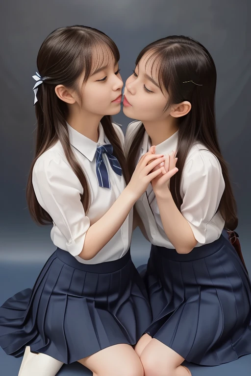 ( best quality, masterpiece:1.2),  best quality,  high definition , 1080P, 8k, : 150cm, (  Two beautiful  Japanese idols are sitting and kissing passionately  ,   cute skirt with beautiful knees  , Put your hands out in front of you、 beautiful fingers ,  staring at the viewer ,   The viewer is so funny I can't help but open my mouth and show a cute smile  ,   very whitish face  ,   I'm so proud of her long straight hair  ,  use cosmetics that accentuate the whiteness of the skin , 12yo girl's eye立つ eye,   open up while laughing  ,  Too Expensive Luxurious, Glittering, Ivory Silk Blouse ,   Wool Navy Check Pleats - School Skirt and a Bewitching Bow on the Chest  ,   super long stretchy hair  : 1.5), ( white thighs and knees : 1.7), ( Balanced , eye立つ,  wonderful, Drooping,  double eyelids, brown shiny large eye立つ eye of 12yo idol with detailed: 1.5), (( beautiful, glossy, open smile : 1.2)), (Mature Breasts), (Girl whom everyone loves because of her beauty and beautiful eye and  wonderful fashion and noble manner), (Very beautiful,  super glossy ,   } cute and pretty black amazingly long hair  ,   straight and well-made long hairstyle  : 1.3), (simple blue background : 1.6), (  vest style like a  fashion model  , Mature Breasts), (((Completely balanced beautiful big big eye,  is staring at me))), (eye,  The face and hair are drawn in particularly beautiful detail : 1.5), (  Satisfaction Factory Best Shots Taken by Famous Professional Photographers  : 1.5), (  The soft white light on her face It shows me clearly  : 1.2), (  gorgeous and too expensive  ,  girly frills  ), (Tourist uniform , twins,   cute and slender  girl  ,    with Super Long Hair Beautiful Super Cute Japanese Girl Photo A  idol in a magazine is kissing super passionately: 2.0)