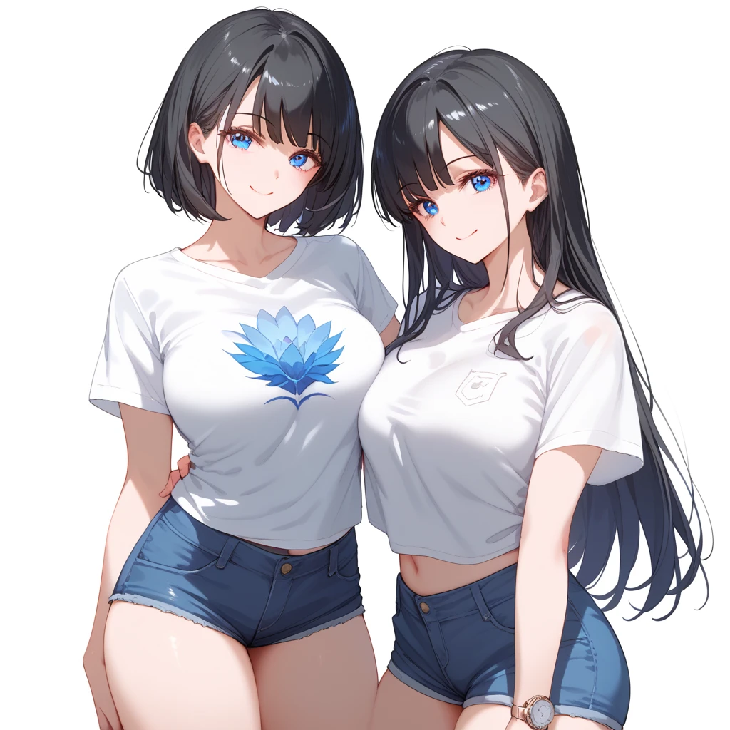 1 female,    black hair   , Blue eyes,    Delicate face , beautiful,  White T-shirt , Standing,  white background , bewitching thighs, , about, portrait, white ribbon ,  diadema,   light smile base  , hand watch, blue denim jumpsuit,  White T-shirt , overol falda, sentarse en el suelo, Version , _