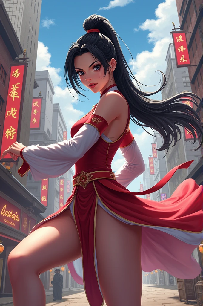 game「King of Fighters」A realistic live-action-style beautiful girl of Mai Shiranui、Big Breasts、Wearing a ninja costume、Holding a fan、Provocative Pose
