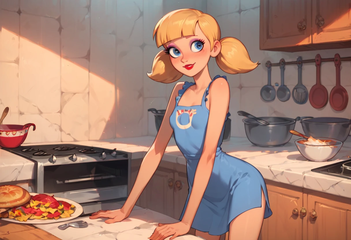 score_9, score_8_up, score_7, 1girl, solo, penny_ig, (adult body:1.2), perfect eyes, slim body, small perky breasts, small butt, narrow hips, blonde hair, twintails, blue eyes, makeup, eyeliner, eyeshadow, lipstick, shy smile, short dress, sleeveless, apron,, cooking, vintage kitchen