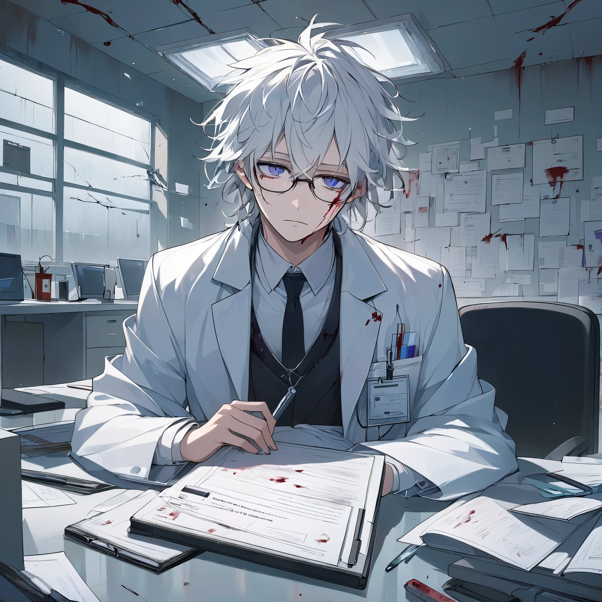 masterpiece, best quality, upper body, 1boy, white messy hair, glasses, lab coat with blood stains, holding medical record,Derelict Hospital,relaxed pose, sitting in office chair,computer monitor, files and shelves in background, cold lighting, tired expression, eerie atmosphere, subtle horror theme, quiet and unsettling scene, birthday message on wall, late night work vibe  