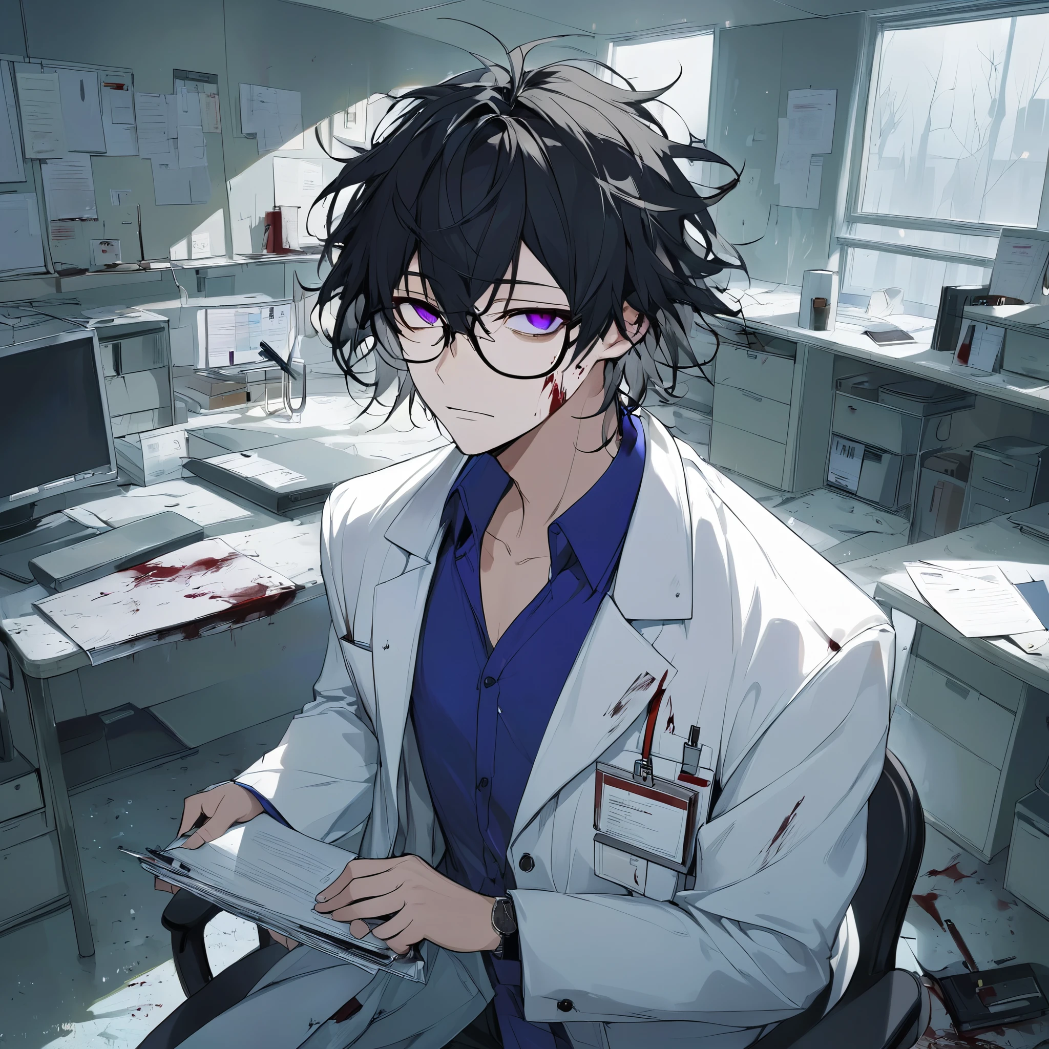 masterpiece, best quality, upper body, 1boy, white messy hair, glasses, lab coat with blood stains, holding medical record,Derelict Hospital,relaxed pose, sitting in office chair,computer monitor, files and shelves in background, cold lighting, tired expression, eerie atmosphere, subtle horror theme, quiet and unsettling scene, birthday message on wall, late night work vibe  