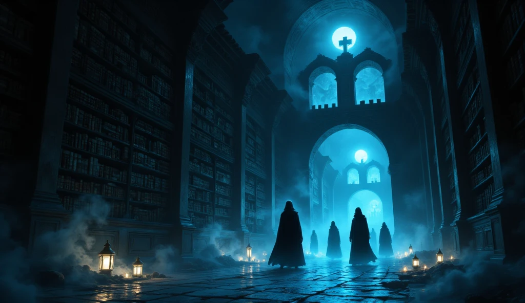 Illustrate a darkened corner of the library where the towering bookshelves cast deep, long shadows. Subtly depict ghost-like, spectral figures moving between the shelves, barely visible in the dim, eerie blue light. The scene should include lanterns casting faint glows, adding to the mystery and tension.