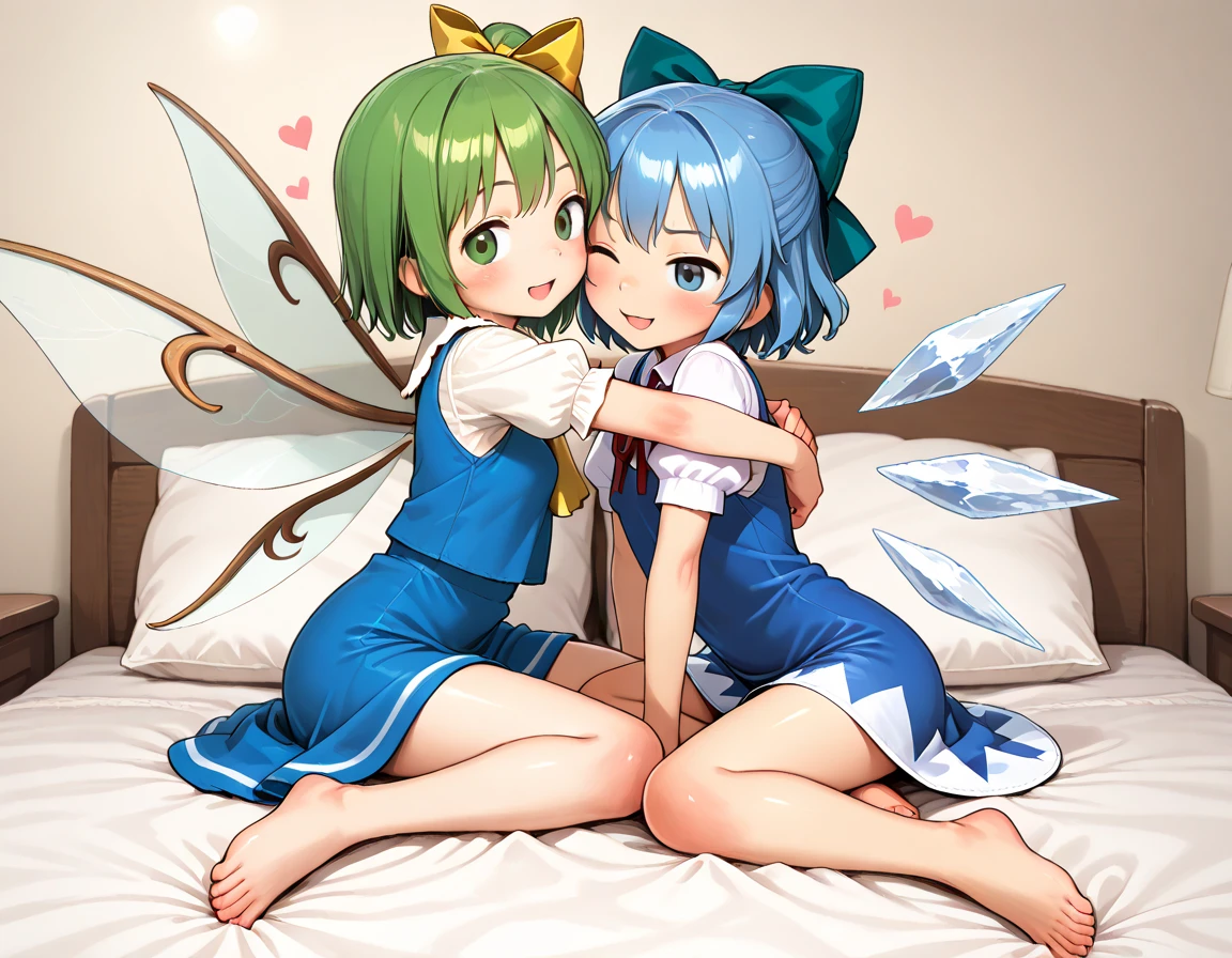 cirno, dress,   sitting, barefoot, daiyousei,  lesbians, hug