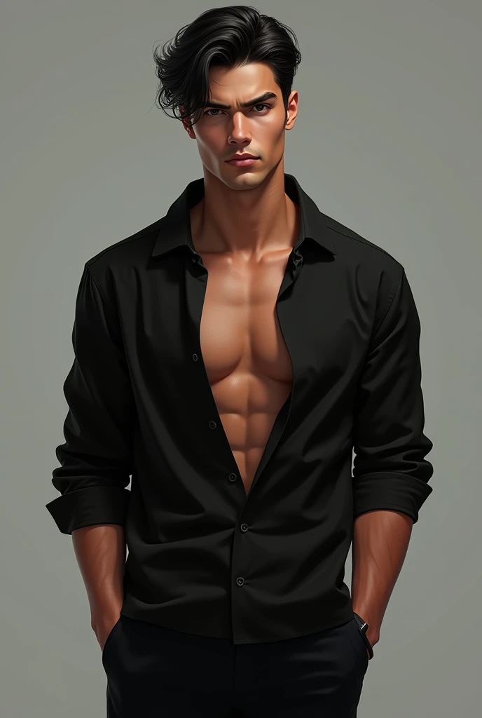 Cute boy brown hair and blue eyes muscular gay headphones and silver chain around his neck black unbuttoned shirt and black shorts