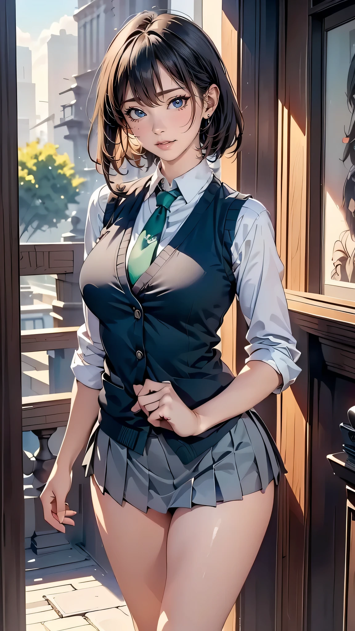(ultra-detailed, highres, photorealistic:1.37), black-haired young girl, green, beautiful detailed eyes, gentle smile, temple surroundings, school uniform, stunning appearance, beautiful curves, large breasts and buttocks.