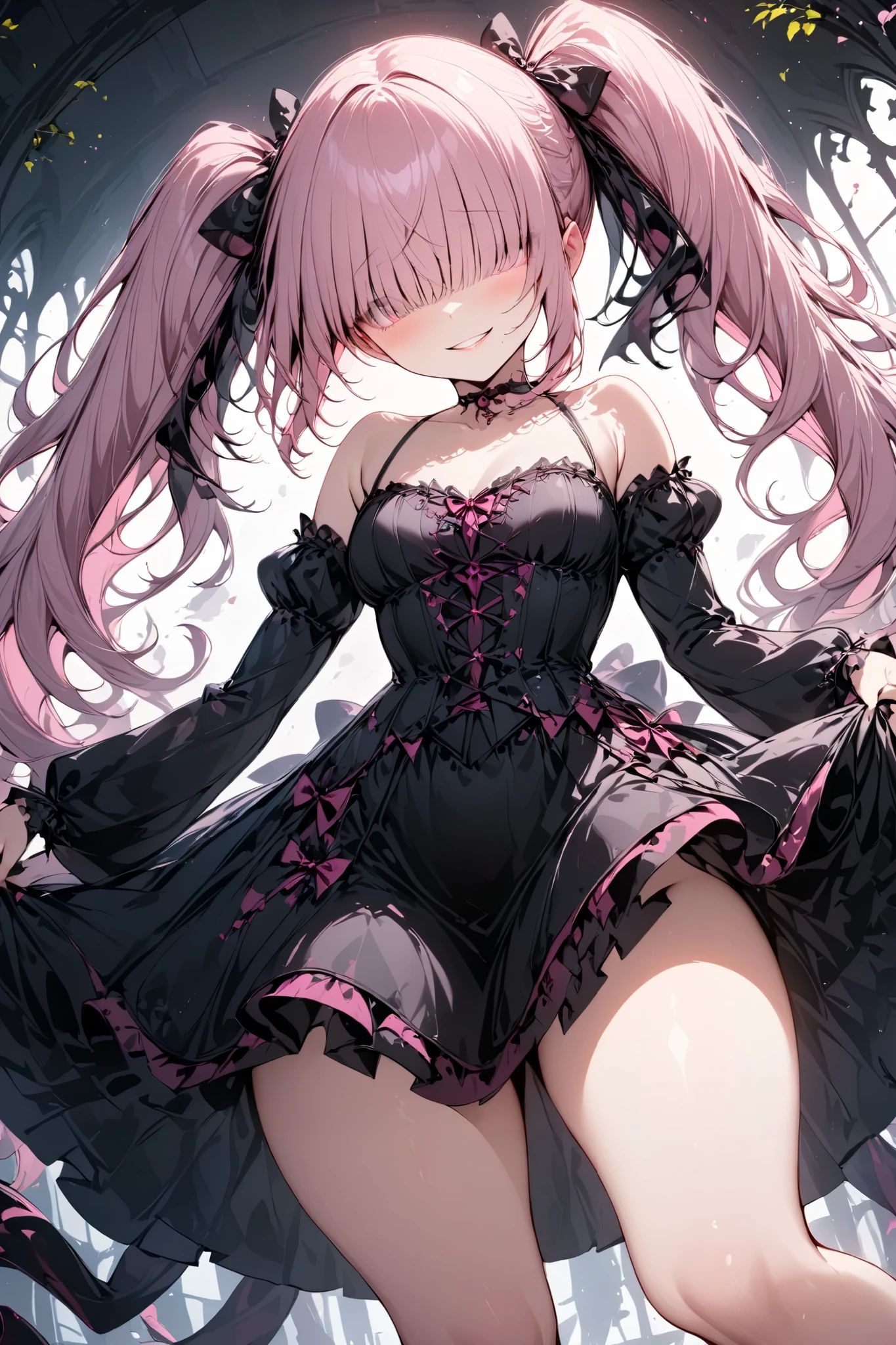 One young and beautiful woman,(Best Quality, Extremely Detailed Description , incredible high definition,High quality anime drawings),( intricately made pink and black gothic dress,Fluttering skirt,ribbon, choker,, pink and black long boots ),( pink hair:1.3, Twin Tails, eyes hidden with bangs :1.3,Long bangs:1.3, bangs extend below eyes:1.3,Thin chest,Beautiful legs, curvy body),(smirking laugh :1.3,Model pose:1.3,),(Full body image:1.3),