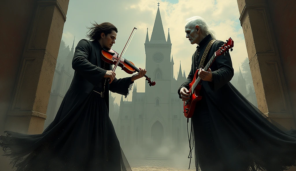 A almost skeletal zombie playing a violin and next to him a dark female undead singing, both are on a dilapidated gothic style stage, the atmosphere is eerie