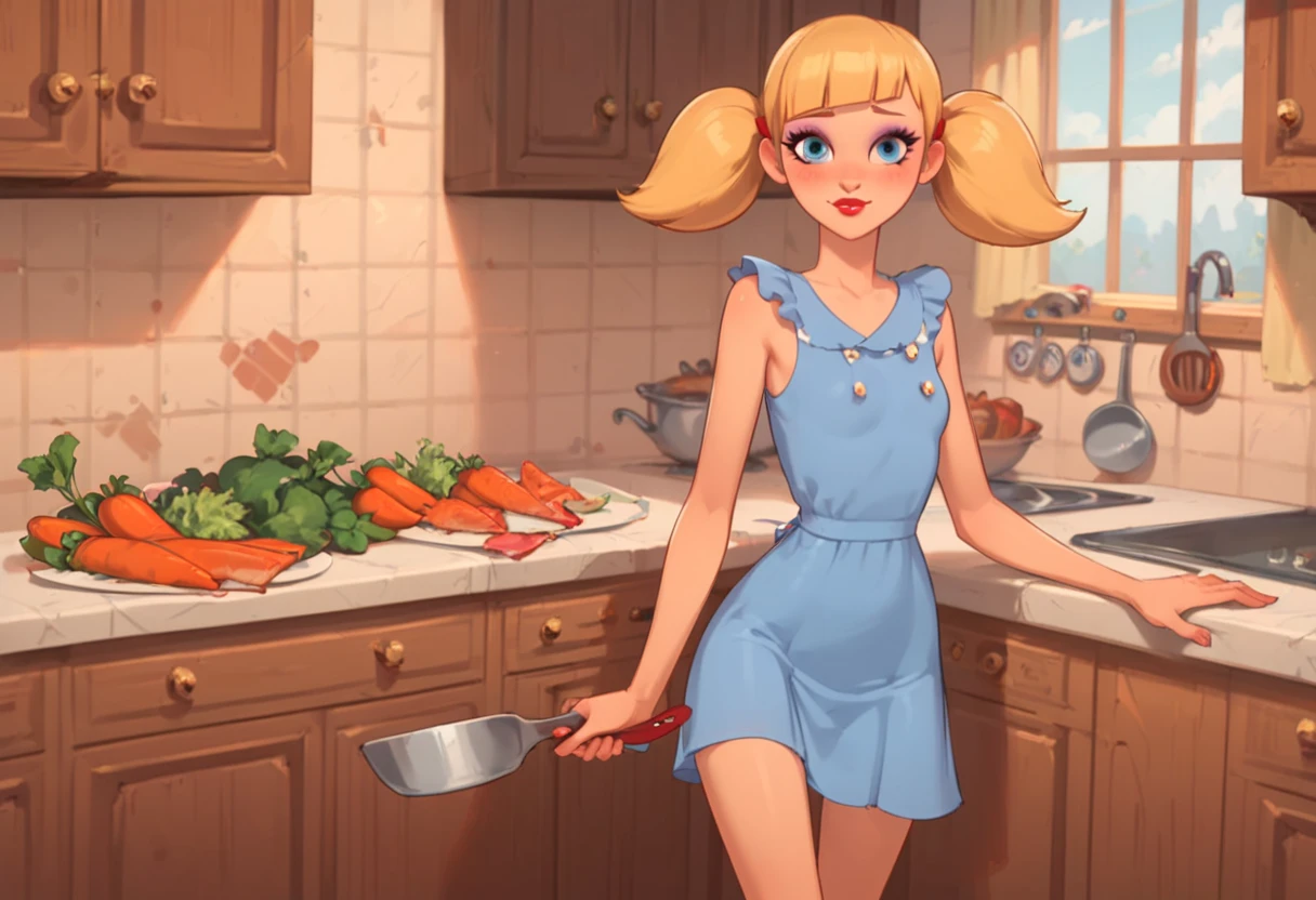 score_9, score_8_up, score_7, 1girl, solo, penny_ig, (adult body:1.2), perfect eyes, slim body, small perky breasts, small butt, narrow hips, blonde hair, twintails, blue eyes, makeup, eyeliner, eyeshadow, lipstick, shy smile, erotic short dress, sleeveless, apron, cutting vegetables, vintage kitchen