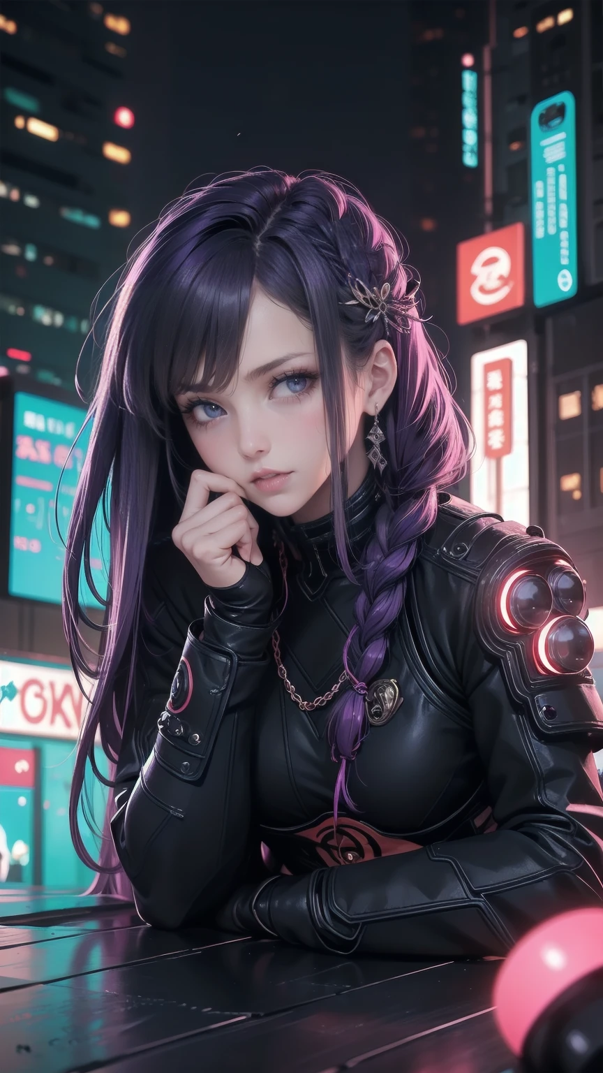  1 girl,  Short Bang ,  braided ,  wide sleeve , Hair accessories, japanese clothes, Says Obi, ( purple hair:1.2),  very long hair,   straight hair ,  staring at the viewer ,  detailed background, (  Realistic Pictures:1.2),  detail eyes sitting on a coral reef,  red eyeshadow ,  depth of field，airtight , (ulzzang-6500:0.7),  upper body, (Alone:1.2), ( cyberpunk city :1.1), Neckline, (Finger to lips:1.1),shiny skin.  Anime Style Girl , Mr.々 with extremely bright eyes with flashing lights,  short black hair  