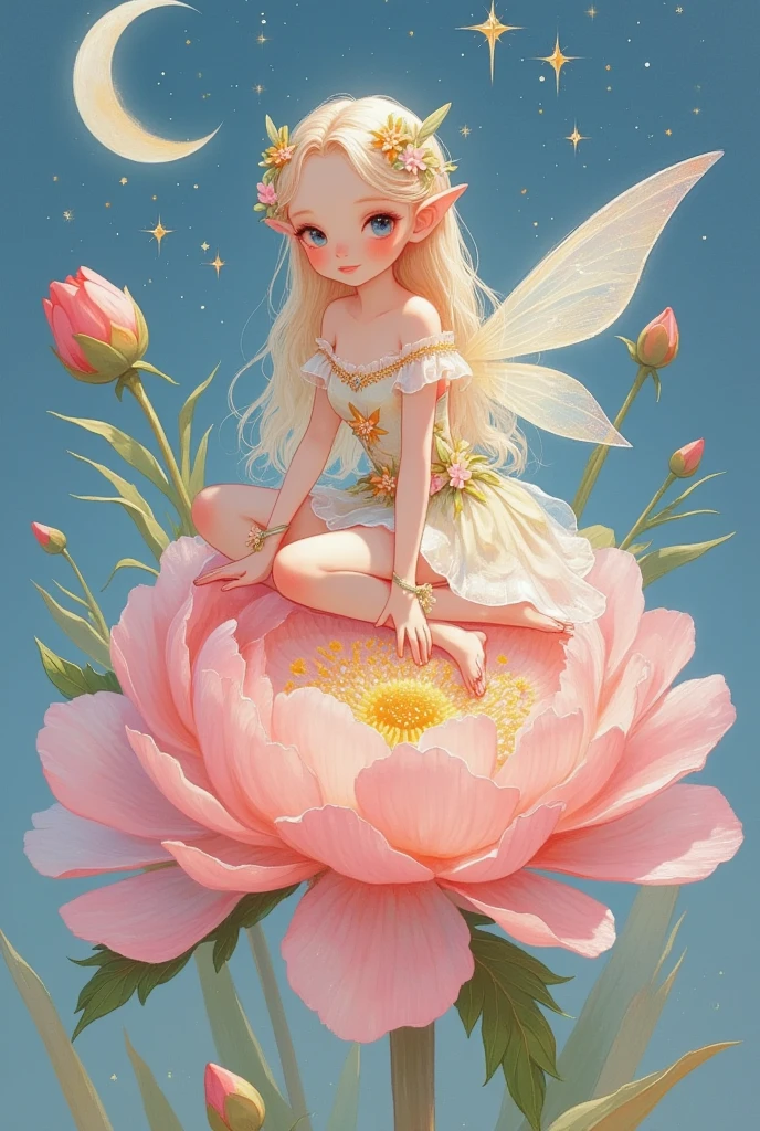  A fairy with wings sits on a blooming peony,  beautiful eyes， blond hair ，Cross your legs，Star，moon，Wear a dress with frills， Rich Details 