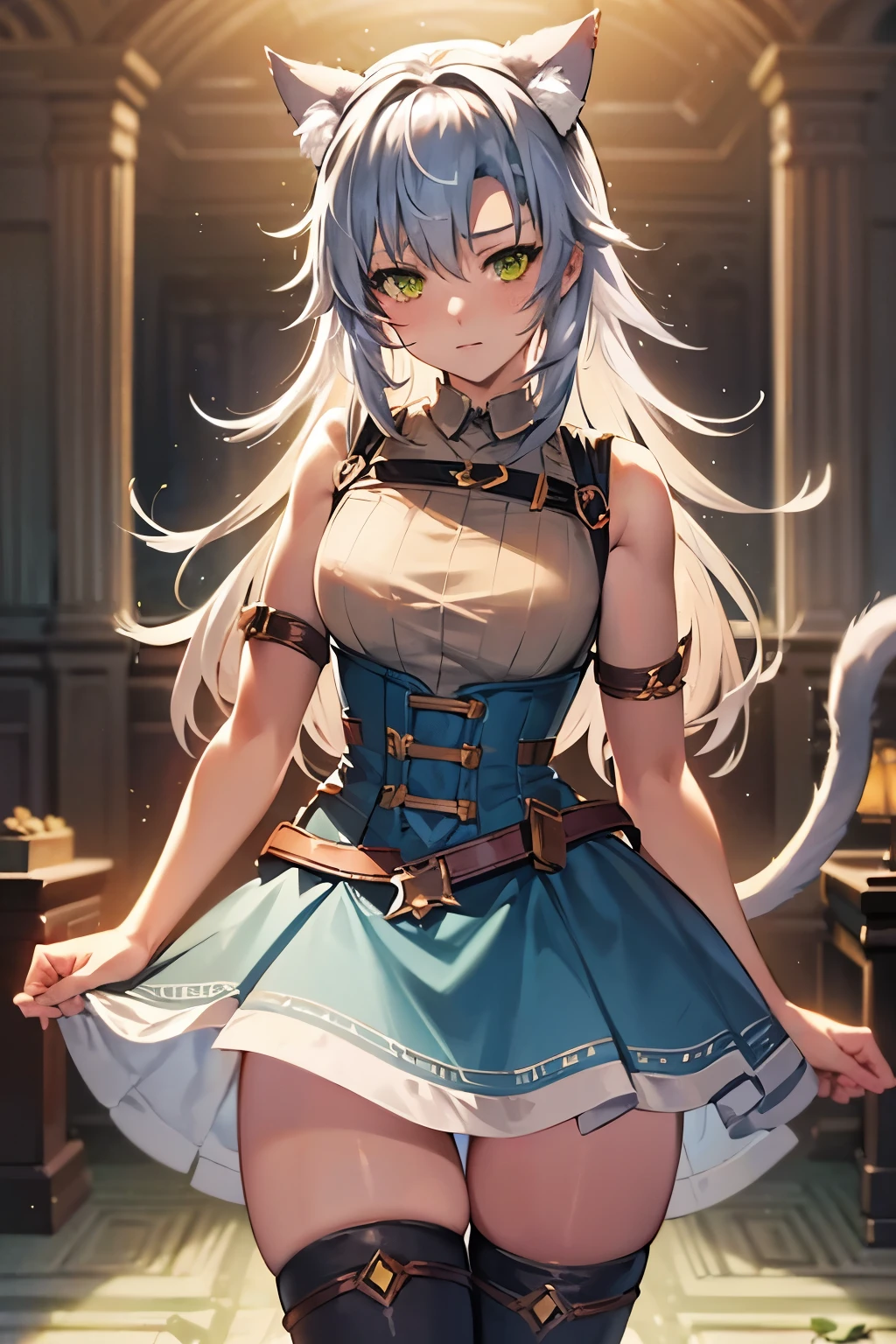 Fie Claussell (The Legend of Heroes: Trails through Daybreak), maid outfit, skirt, black thigh highs, shy look, ((best quality)), ((masterpiece)), (detailed), HDR, perfect face, ((tall cat ears)), ear fluff, built, collar, ((lewd look)), 1girl, bedroom background, cat tail, nsfw,