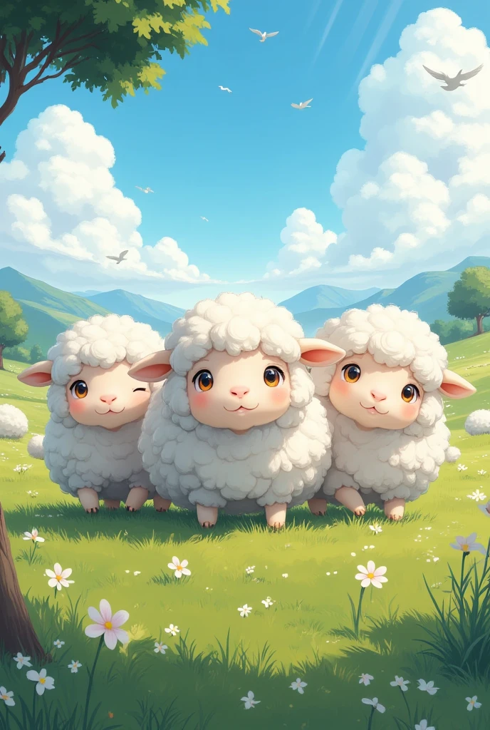 conceptual installation fantasy heartful artwork, Sheep,  Cute Sheep Gathering , Clear skies, Sunlight Pouring Down ,  Gentle Wind Blowing Prairie , Mr.々Effects , delicate and dynamic textures, contrasts of light and shadow, Super detailed, absolutely resolution,  best quality