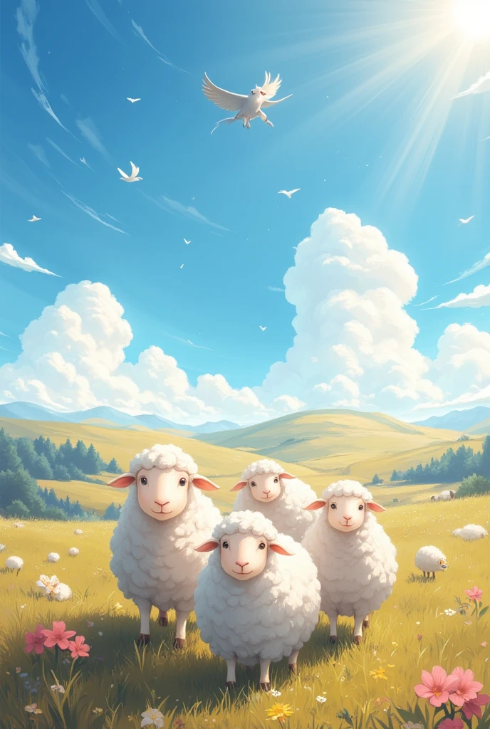 conceptual installation fantasy heartful artwork, Sheep,  Cute Sheep Gathering , Clear skies, Sunlight Pouring Down ,  Gentle Wind Blowing Prairie , Mr.々Effects , delicate and dynamic textures, contrasts of light and shadow, Super detailed, absolutely resolution,  best quality