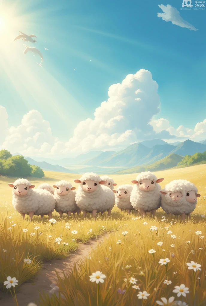 conceptual installation fantasy heartful artwork, Sheep,  Cute Sheep Gathering , Clear skies, Sunlight Pouring Down ,  Gentle Wind Blowing Prairie , Mr.々Effects , delicate and dynamic textures, contrasts of light and shadow, Super detailed, absolutely resolution,  best quality