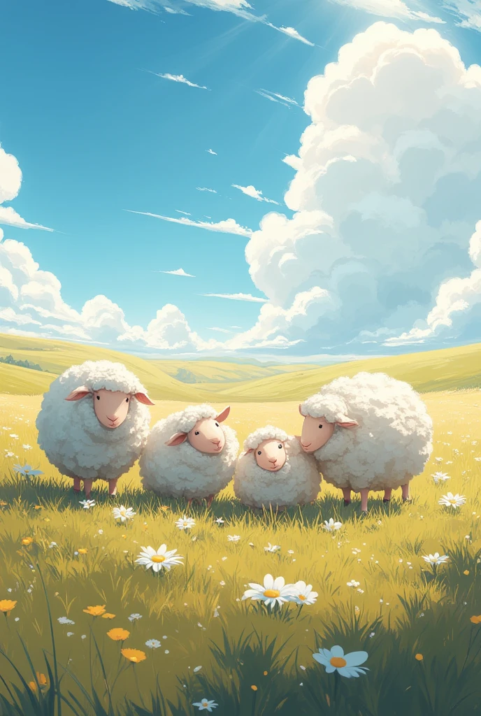 conceptual installation fantasy heartful artwork, Sheep,  Cute Sheep Gathering , Clear skies, Sunlight Pouring Down ,  Gentle Wind Blowing Prairie , Mr.々Effects , delicate and dynamic textures, contrasts of light and shadow, Super detailed, absolutely resolution,  best quality