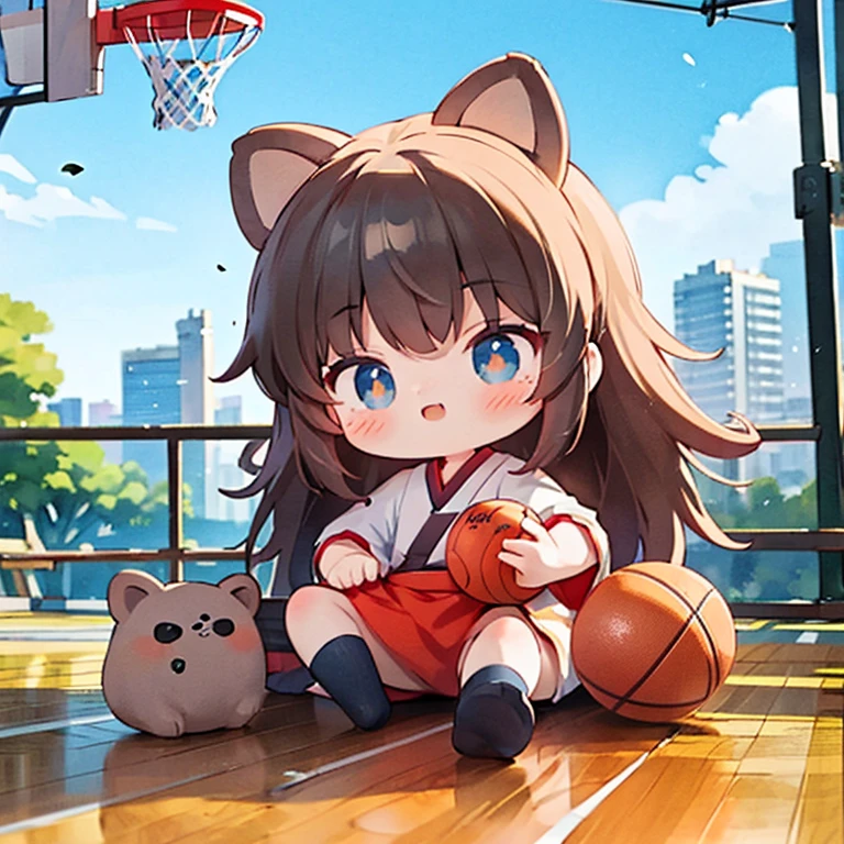 gym,  STYLISH,  basketball uniform, Elevate your mood,masterpiece,best quality, 1 woman, 22 years old, kawaii,long hair,miko, japan cityscape, outdoors, dutch angle, lineart,water color,Raccoon girl,