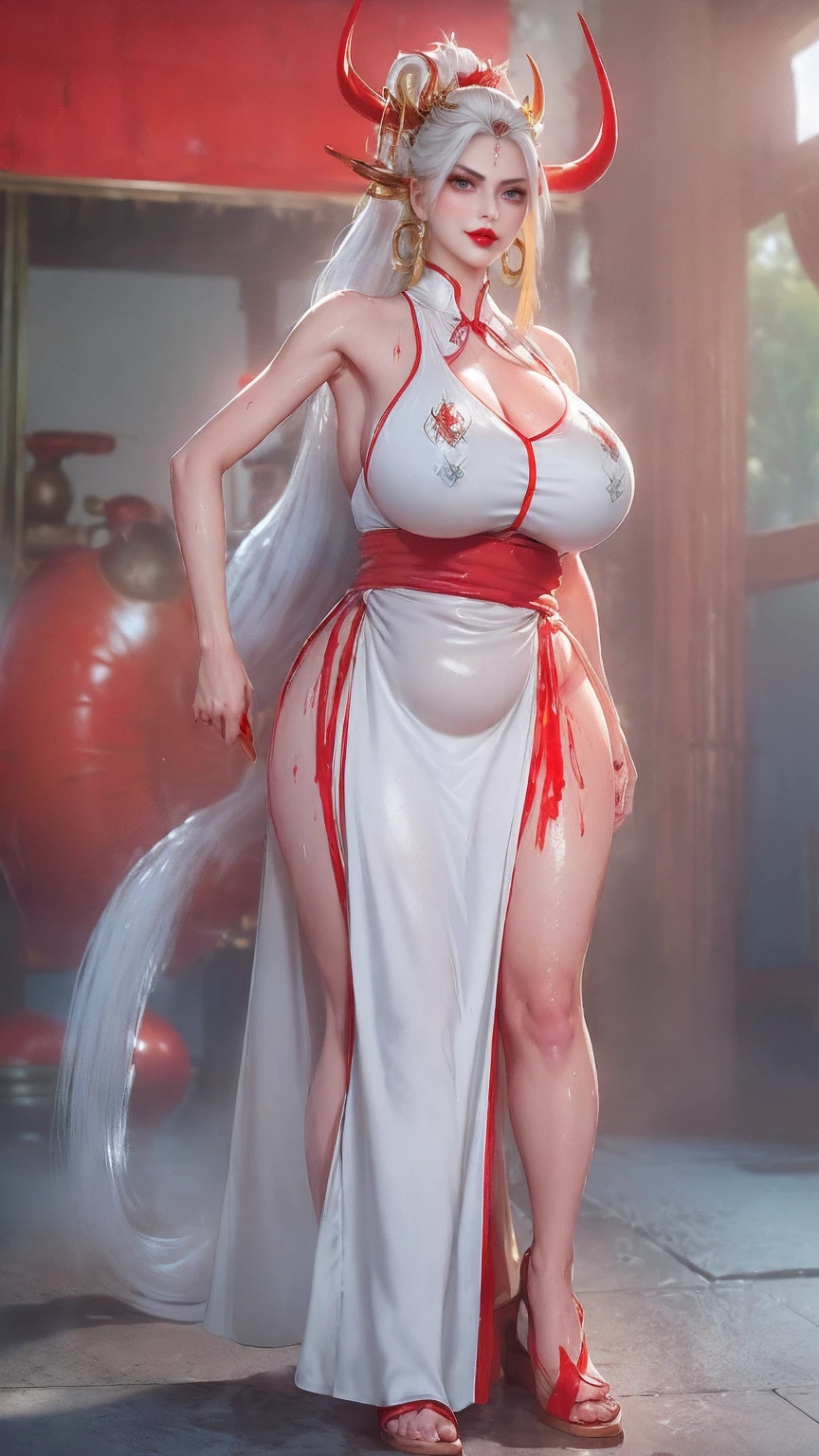 woman,(  long white hair,Hair on both temples naturally fell to her chest, Red devil on head , ponytail, Two orange hairpins ,Golden earrings on both ears),( plump breasts,Lysis,Chest groove), ( wearing a white sleeveless kimono ,Blue pattern ，Two diamond patterns on her chest,A huge shimenaro rope was tied around her waist,Red long skirt, wearing red clogs),( Clean body :1.5), ( sweaty plump body:1.5), (For the audience:1.3),( high quality ), ( Best Shadow), (masterpiece),   bright lighting  ,  Super Textured , ( 4X Multi-Anti-Aliasing ), ((Unreal Engine 5 Rendering)),  physically-based rendering ,  Ultra HD, 16K, 1080P.