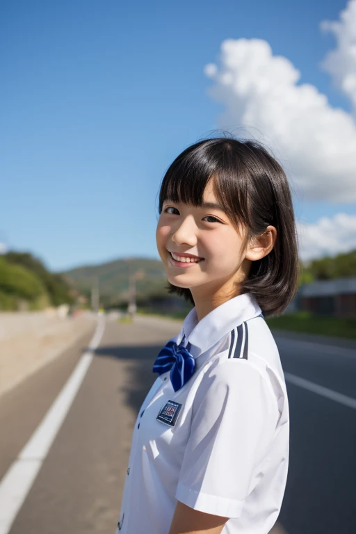 (8k),(masterpiece),(Japanese),(8-year-old girl),((Innocent look)),((Childish)),from the front,smile,cute,Innocent,Kind eyes,Plain T-shirt,Short sleeve,Blue checked short skirt,(Carrying a red backpack),Straight Hair,Hair blowing in the wind,Black Hair,Somewhat strong wind,noon,bright, FOCUS striped thighhighs.