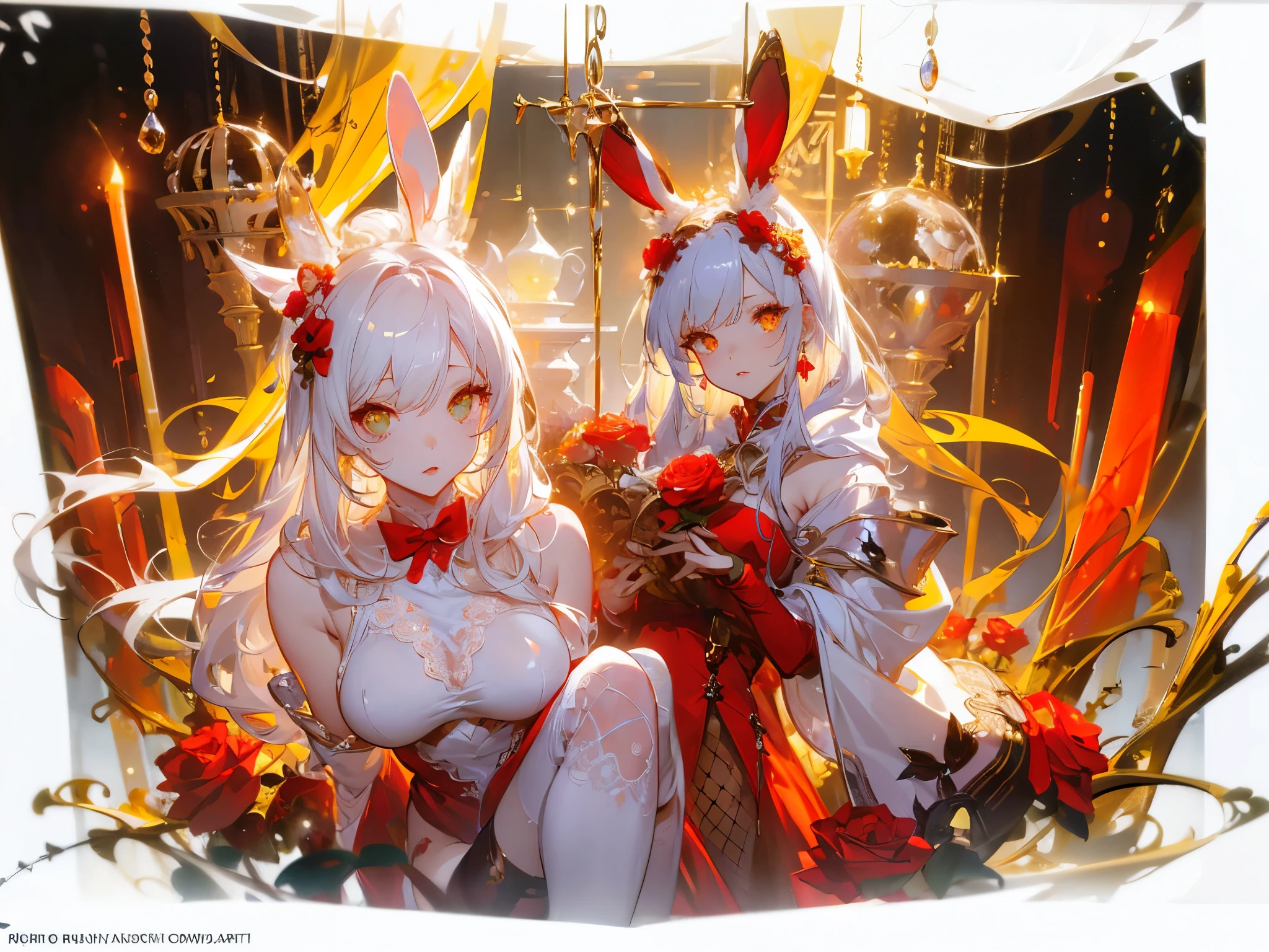 wolf boy and girl white fluffy long hair beautiful brother and sister pink ribbon in hair wolf tail A good friend playing highest quality Highest image quality Delicate