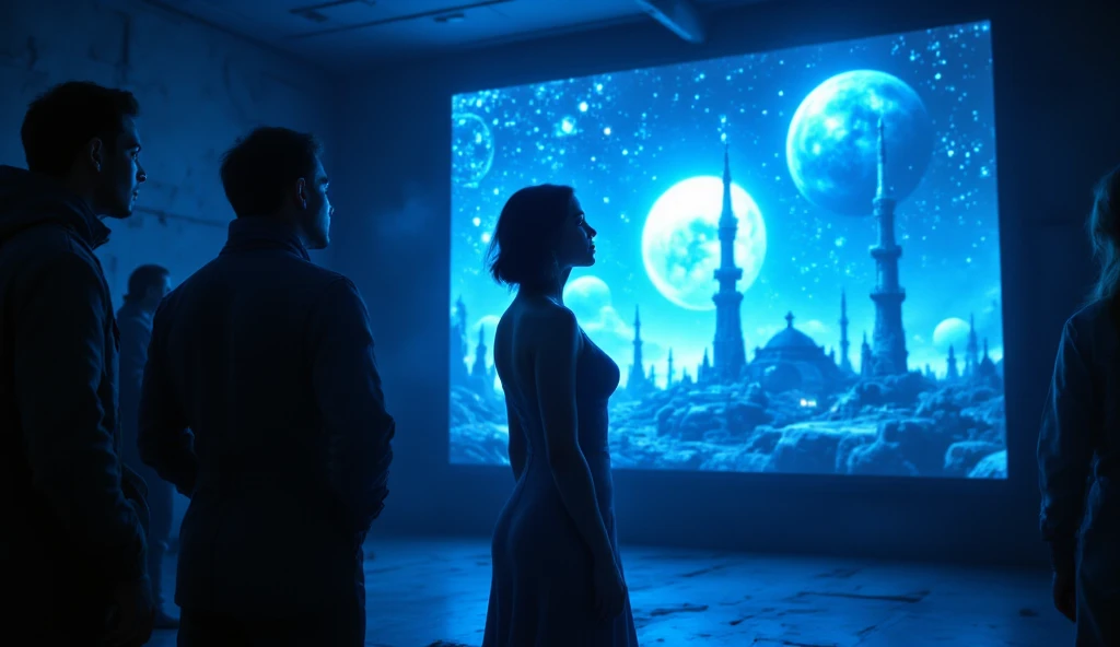 Show the artifact projecting a vivid blue holographic image into the air. The hologram should depict an advanced alien civilization with towering structures and complex star maps. Include the researcher Dr. Eleanor Hayes, a determined woman in 1960s-style explorer attire,  astonished faces illuminated by the blue glow, with shadows creating dramatic contrast.