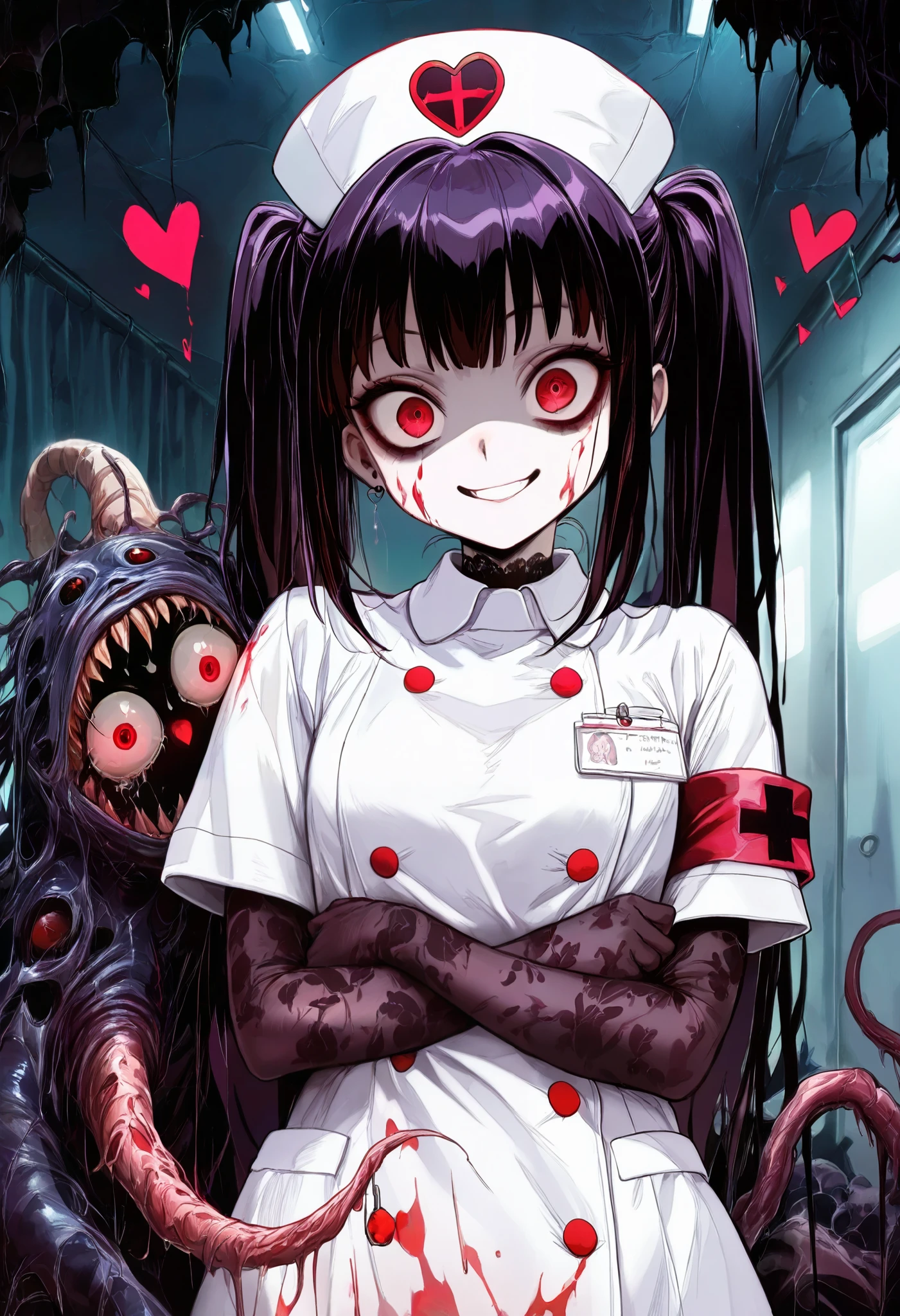 UHD, masterpiece, anatomically correct, super detail, high details, best quality, 8k,perfect beauty 1girl, dark gothic, drkgirl,nurse uniform,nurse uniform,nurse cap, crazy eyes, mismatched pupils, smile, anime style, retina,hug a large syringe, heart,newborn one small monster, madness, strange shape, she lovingly embraces the monster, Derelict Hospital,dark light