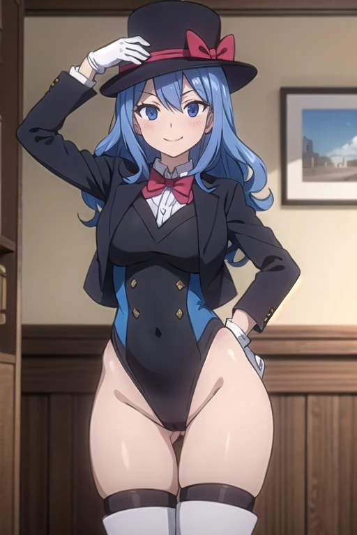 Juvia Lockser, blue eyes, blue hair, long curly hair, mature female, 1girl,arm_up,ass_visible_through_thighs,black_headwear,black_jacket,black_leotard,black_thighhighs,blue_hair,blush,boots,bow,bowtie,commission,gloves,blue_eyes,grey_vest,groin,hand_on_own_hip,hat,highleg,highleg_leotard,highres,jacket,kawai_ritsu_(rits_meg),leotard,leotard_under_clothes,long_hair,looking_at_viewer,original,phantom_thief,phantom_thief_(kkmomo67),red_bow,red_bowtie,shirt,skeb_commission,smile,solo,thigh_boots,thighhighs,thighs,top_hat,vest,white_gloves,white_shirt,autoappealing,autoappealingdb, best quality, masterpiece, nai3, smile