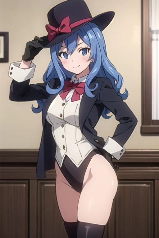 Juvia Lockser, blue eyes, blue hair, long curly hair, mature female, 1girl,arm_up,ass_visible_through_thighs,black_headwear,black_jacket,black_leotard,black_thighhighs,blue_hair,blush,boots,bow,bowtie,commission,gloves,blue_eyes,grey_vest,groin,hand_on_own_hip,hat,highleg,highleg_leotard,highres,jacket,kawai_ritsu_(rits_meg),leotard,leotard_under_clothes,long_hair,looking_at_viewer,original,phantom_thief,phantom_thief_(kkmomo67),red_bow,red_bowtie,shirt,skeb_commission,smile,solo,thigh_boots,thighhighs,thighs,top_hat,vest,white_gloves,white_shirt,autoappealing,autoappealingdb, best quality, masterpiece, nai3, smile