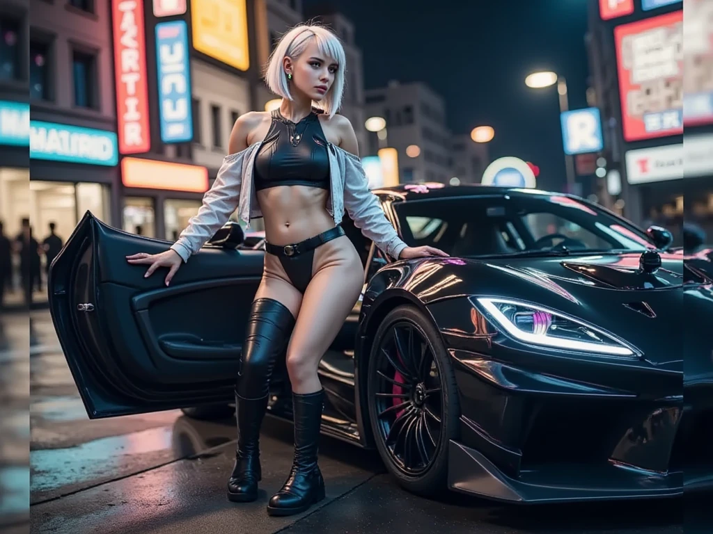 ((Masterpiece, High resolution:1.4), (((1Lucy:1.5))), (futuristic city at night, neon lights:1), (Cinematic:1.1), (photorealistic:1.1), HDR, 1Lisa, Short, asymmetrical pure white hair styled in a layered, choppy bob. pink and blue highlights, 1 big neon ear piece on her ears ,  wearing a glassy grey mesh neon piping jacket, neon micro mini sports bra, matching grey shorts, and black leather neon piping knee length boots, she is opening the door of neon lit stylish black sports car, on leg inside the car, overlooking a colourful neon-lit city street at night, ultra-detailed, 8k, photorealistic, cinematic lighting, dramatic colours, moody, atmospheric, intricate machinery, glowing circuitry, mechanical limbs, intricate detail, science fiction, cyberpunk, futuristic, neon city, moody dramatic lighting, wide angle lens, full body shot, side profile. 
