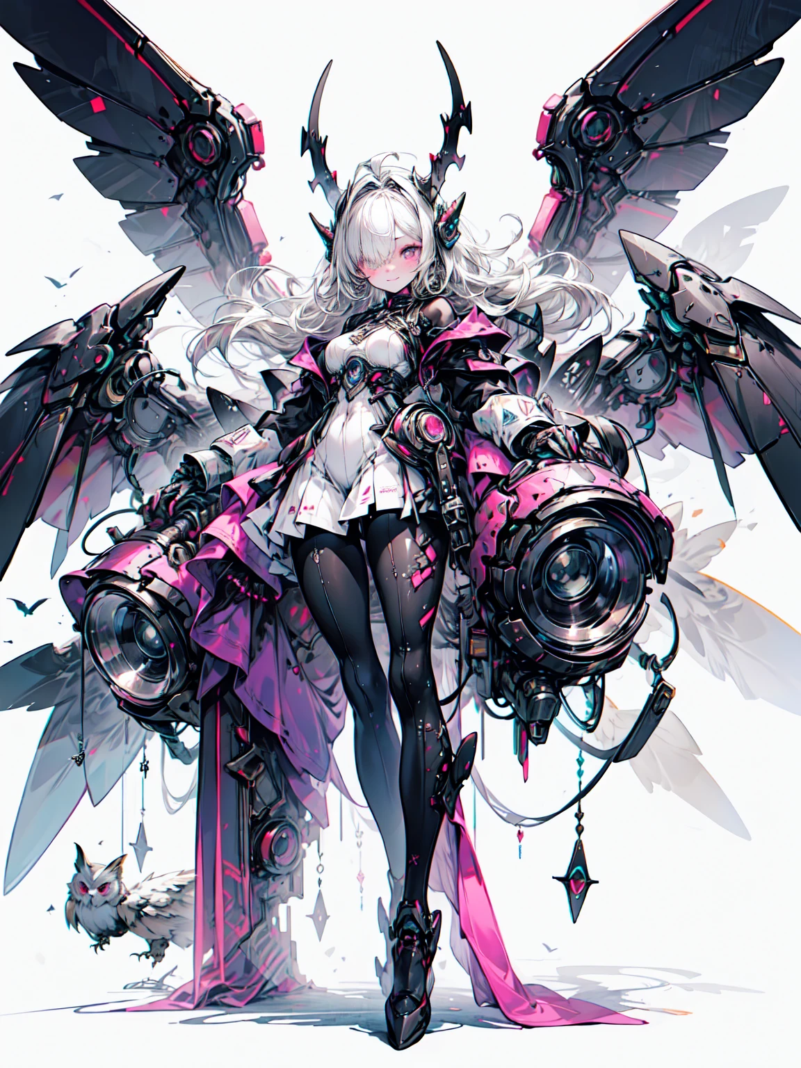   A Woman with a Devilishly Big Body and Long Gray Hair,   concept art：Yang Jay,   pixiv Contest Award Work  ,   Fantasy Art ,   Devil Anime Girl  ,  壮麗なる至高のDemon King , Demon King, owl wings 、  God of Darkness with 6 Arms  , Fire Demon, デーモンソウルの  concept art, Infernal Nymph!!!, epic anime artwork, anime   Fantasy Art work, Good Quality Hell Art  、Blake、（Dark Elf), (  1 girl), Alone,   perfect face, Get used to it, Ahoge, ((Long Hair:1.2)), (Hair above one eye:1.3), [[messy hair  ]], Shiny blonde white hair,   purple eyes,  colorful eyes,   colorful hair, Sparkling Eyes, (  eyelash  ,   eyeshadow, pink   eyeshadow),   bright  , smile,   Design Art by Haruhiko Mikimoto , Kawasaki,   By Yoshitaka Amano  
