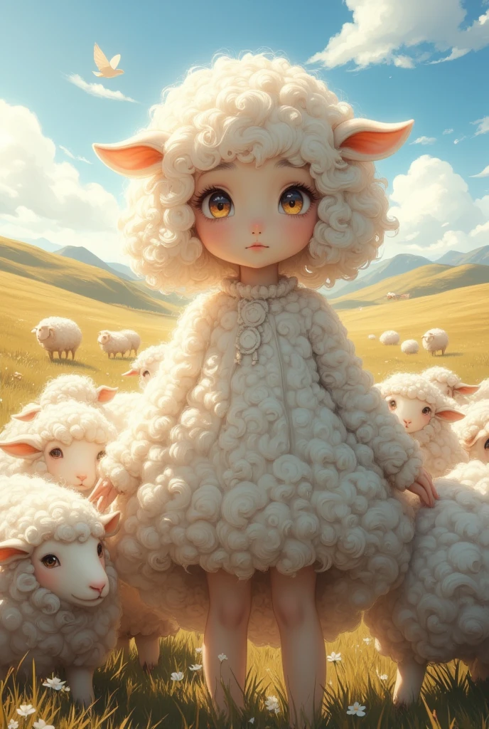 conceptual installation fantasy heartful artwork, Sheep（ girl）,  Cute Sheep Gathering , Clear skies, Sunlight Pouring Down ,  Gentle Wind Blowing Prairie , Mr.々Effects , delicate and dynamic textures, contrasts of light and shadow, Super detailed, absolutely resolution,  best quality