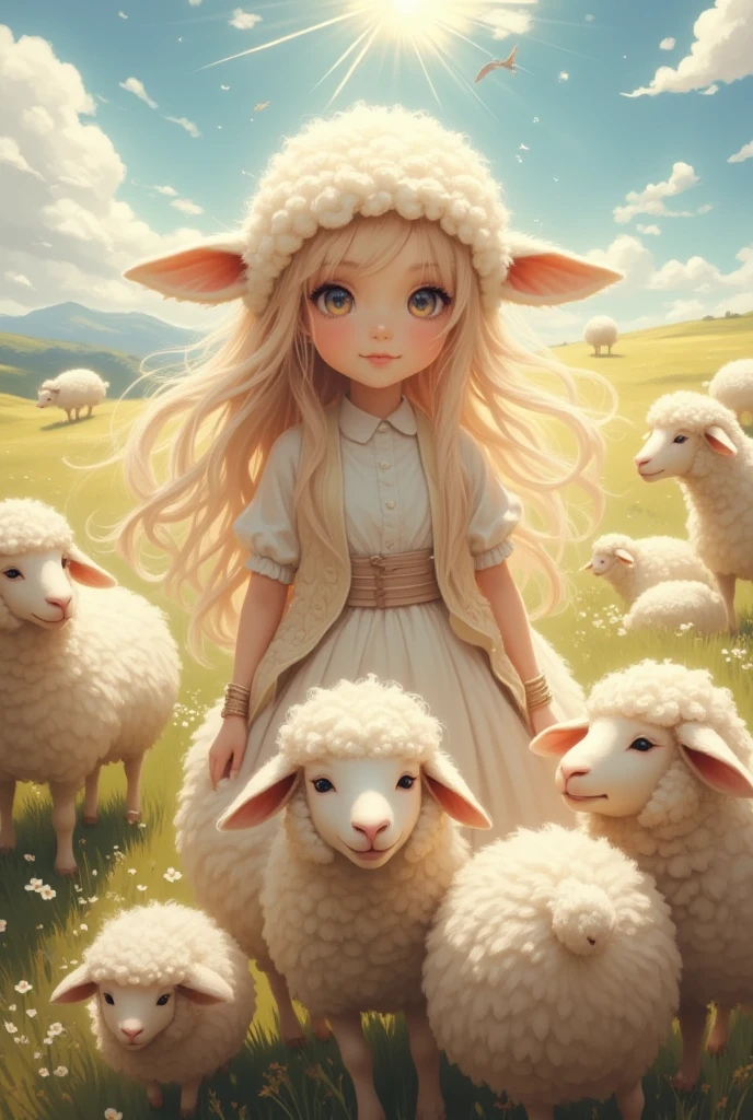 conceptual installation fantasy heartful artwork, Sheep（ girl）,  Cute Sheep Gathering , Clear skies, Sunlight Pouring Down ,  Gentle Wind Blowing Prairie , Mr.々Effects , delicate and dynamic textures, contrasts of light and shadow, Super detailed, absolutely resolution,  best quality