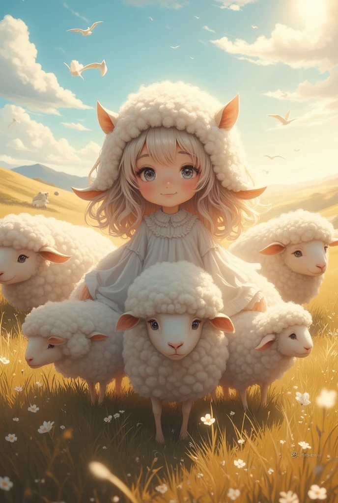 conceptual installation fantasy heartful artwork, Sheep（ girl）,  Cute Sheep Gathering , Clear skies, Sunlight Pouring Down ,  Gentle Wind Blowing Prairie , Mr.々Effects , delicate and dynamic textures, contrasts of light and shadow, Super detailed, absolutely resolution,  best quality