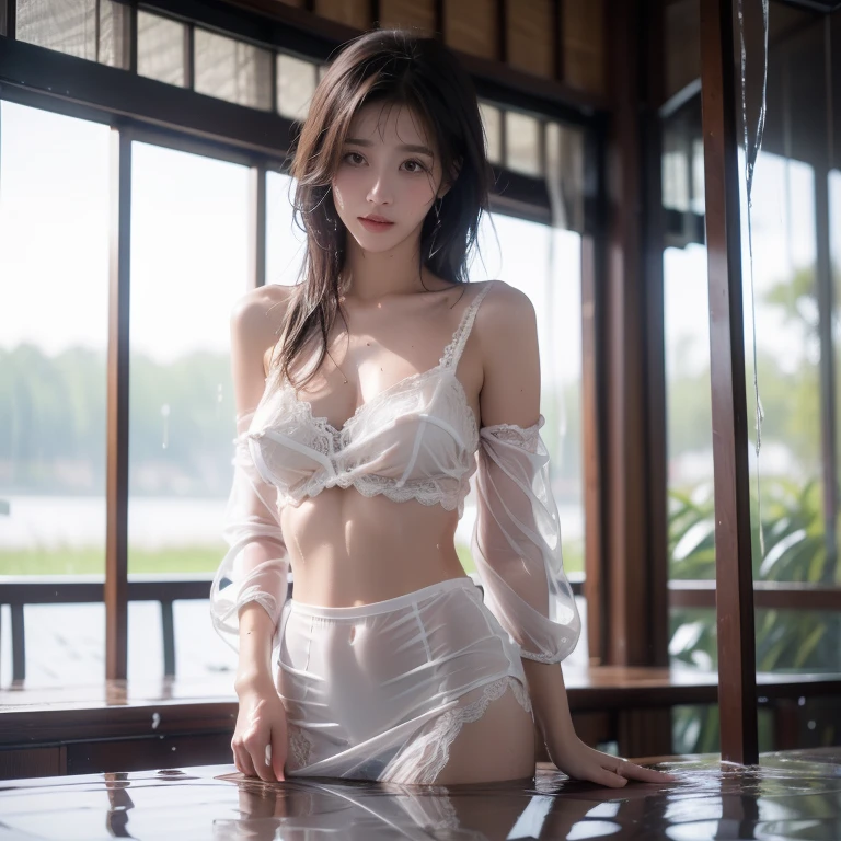 Mysterious lake in deep forest, (( best quality)),((masterpiece)), (( 1 girl)), nude,No underwear, underbust ,Show off your sexy butt ,(( wet skin )),(( wet hair )), ((Wet and transparent thin lace fabric bare shoulder )), wet and sheer pure white thin lace fabric miniskirt, 