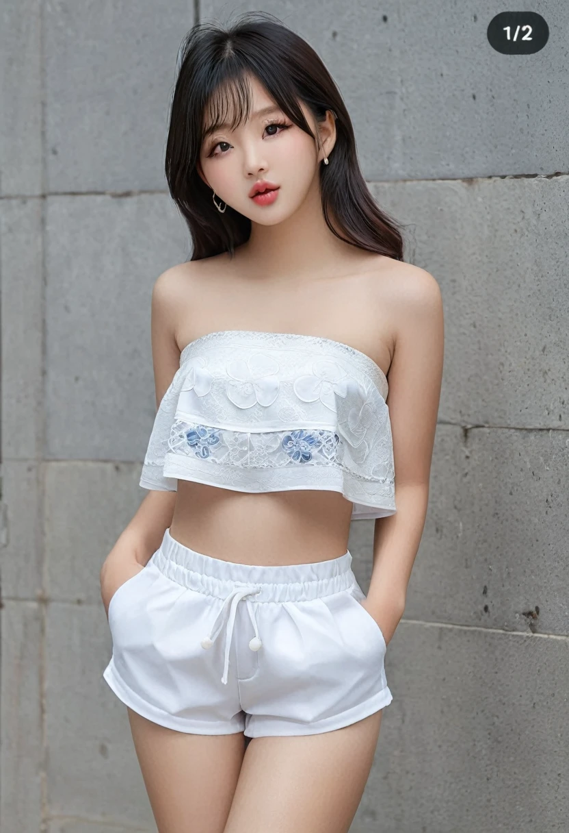 ((best resolution)), work of art, ((high quality:1.2)), 8k, extremely detailed, ((high detail:1.2), Solo, Korean Ulzzang female, (mini-shorts, strapless cropped top), (Beautiful and perfect face:1.23), score_9, score_8_up, score_7_up, high detailed texture, photograph, realistic, RAW photo,