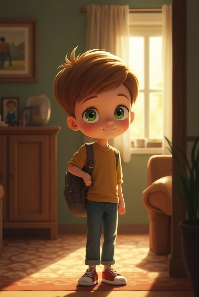 boy with light brown hair and green eyes is getting ready to leave his house