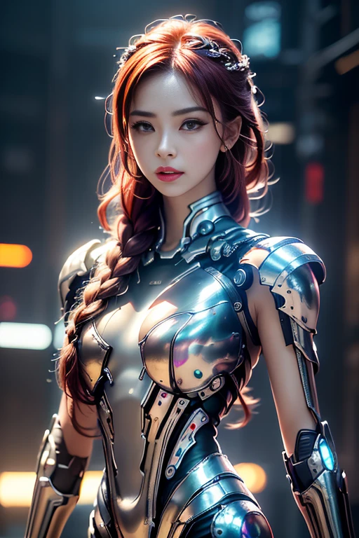 (RAW shooting、highest quality、masterpiece)、(genuine、photogenuineistic)、(Super detailed)、Very detailed CG、8K、アンgenuineエンジン、3D rendering、beautiful mechanic、((high contrast))、(High chroma)、(sharpness)、((very delicate and beautiful))、reflected light、highly detailed background、(cyber punk、machine city、future city)、 ((anatomically correct))、one woman、gray hair、beautiful and delicate hair、(detailed beautiful eyes、detailed beautiful face)、highly detailed skin、gloves、Red metallic painted cyber suit、Very shiny cybersuit、cleavage、No sleeve、((cowboy shot))、action pose、fighting pose、model pose