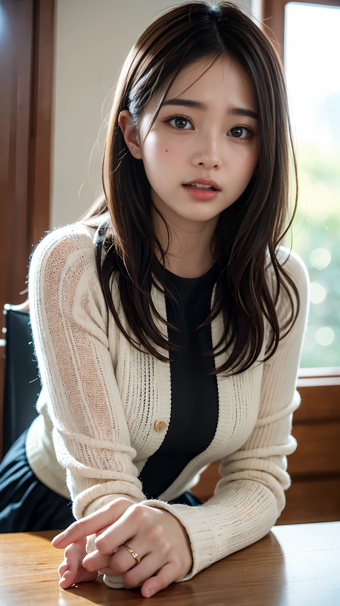Tabletop、(masterpiece:1.5),
(8k, Photorealistic: 1.4, RAW Photos, Best image quality: 1.4),
Japanese Idols、Super detailed face、Attention to detail、Genuine、
double eyelid、Big and attractive eyes,Perfectly beautiful eyes、 Sharp focus:1.2、Beautiful woman:1.5、
Light brown hair、 Highest quality、masterpiece、Ultra-high resolution、Depth of written boundary、Perfect Shadow、(Photorealistic:1.4)、
Highly detailed and professional lighting、
Perfectly shaped、Symmetrical face、beautiful girl,Sharp focus, Perfect Anatomy,Moist eyes、Embarrassed face、blush、Glossy lips、Realistic Light、sweater、Open legs、Crab-legged sitting、Hands are tied up、Browsing Caution