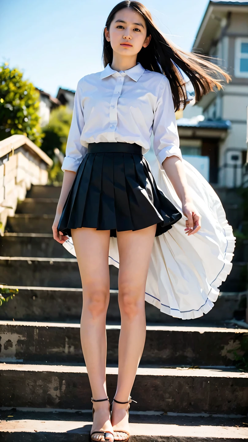 (( angle from below like in a movie、 best quality、masterpiece、32K、Every Little Detail ))、Descend the outdoor stairs、commute、Systemic symptoms、、 white blouse 、 Pleated Skirts、(((Strong winds blow my hair and skirt :1.62)))、、 one girl , Alone、((( miniskirt that snaps around the knee,  no underwear:1.22)))、Big Breasts、barefoot,  high heels　 short skirt　 skirt flips up　Pussy