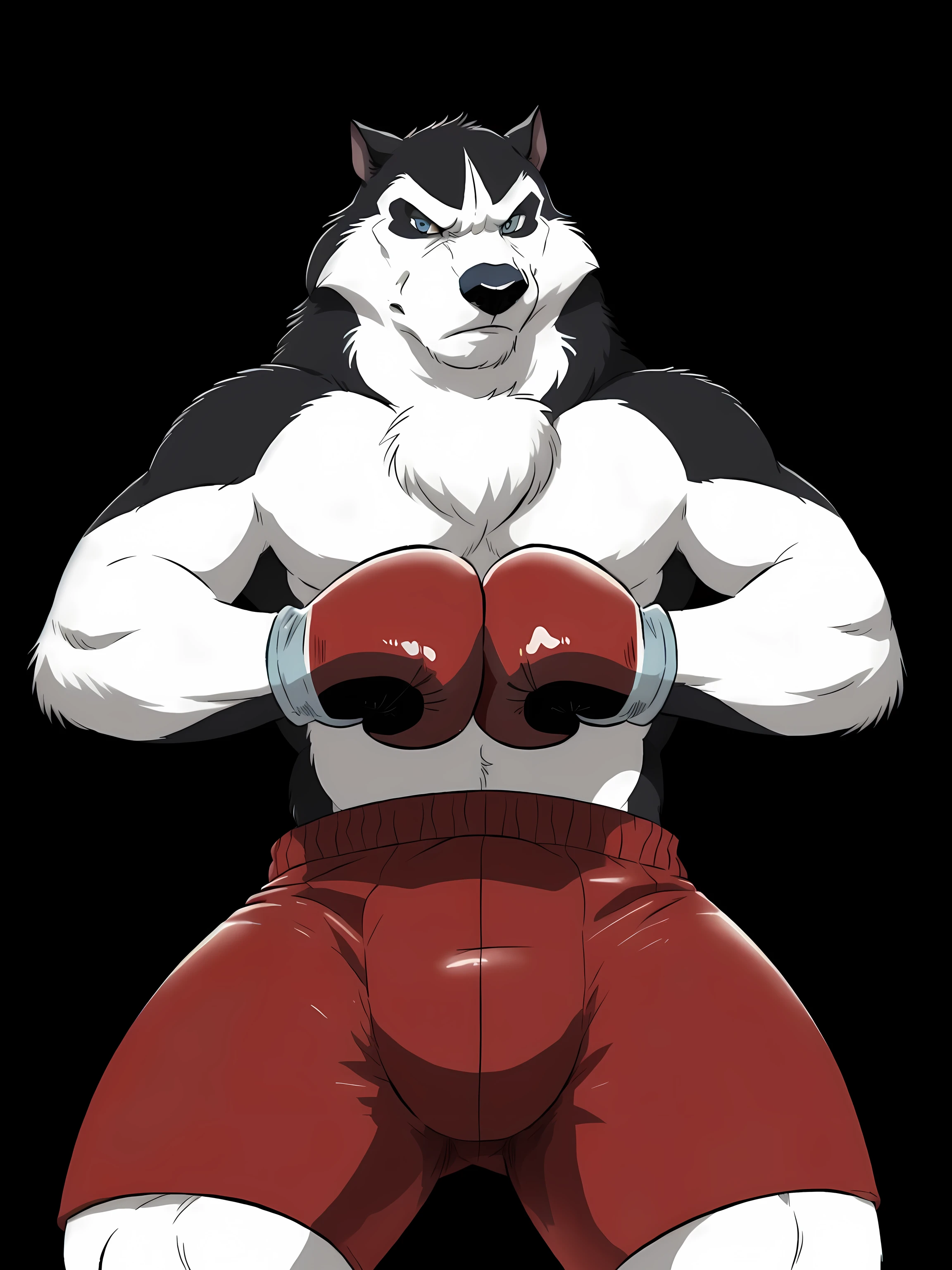 steele (balto), alaskan malamute, detailed, detailed face, ice blue eyes, piercing gaze, stern face, detailed eyes, anthro body, male, adult, heavyweight, very muscular:1.1, cartoon shading, cel shaded:1.0, confident, boxing trunks, (wearing boxing gloves, detailed boxing gloves):1.1, (no background, black background):1.5, bare chest, by wfa, by negger, puffed chest, low-angle shot:1.1, pressing gloves together